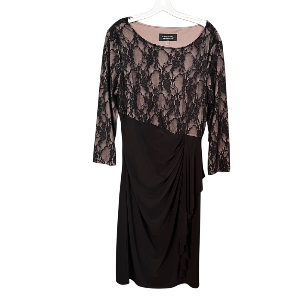 Black Label By Evan Picone Black Stretch Lace Rouched Ruffle Midi Dress Sz 14